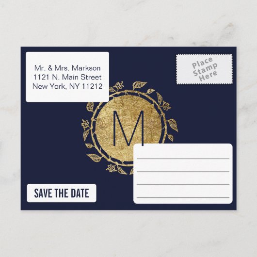 ネイビエレガントーブルーと金ゴールドフローラ保存日 案内ポストカード (裏面)