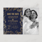 ネイビエレガントーブルーと金ゴールドフローラ保存日 案内ポストカード (正面)