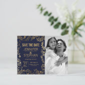 ネイビエレガントーブルーと金ゴールドフローラ保存日 案内ポストカード (スタンド正面)