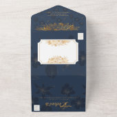 ネイビエレガントーブルーと金ゴールドフローラ写真結婚の オールインワン招待状 (外側)