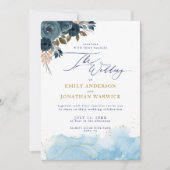 ネイビエレガントーブルーと金ゴールドフローラ結婚ズ 招待状 (正面)