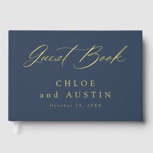 ネイビエレガントーブルーと金ゴールド書道結婚の ゲストブック (正面)
