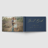 ネイビエレガントーブルーと金ゴールド書道結婚の ゲストブック (全面)