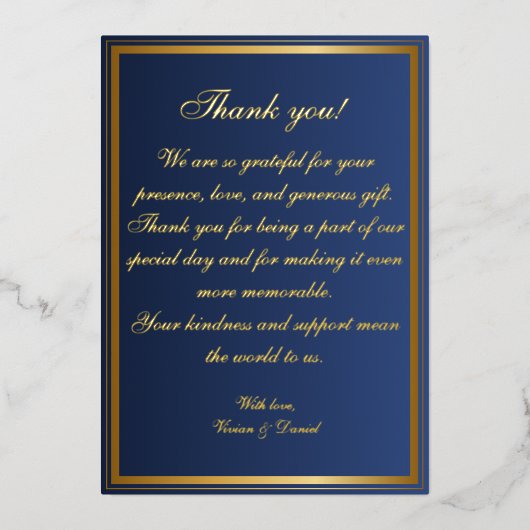 ネイビエレガントーブルーと金ゴールド結婚のサンキューカード 箔招待状 (正面)