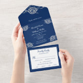 ネイビエレガントーブルーのフローラレース結婚 オールインワン招待状 (貼ってはがせる)