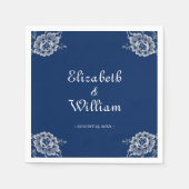 ネイビエレガントーブルーのフローラレース結婚 スタンダードカクテルナプキン (正面)
