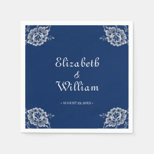 ネイビエレガントーブルーのフローラレース結婚 スタンダードカクテルナプキン (正面)