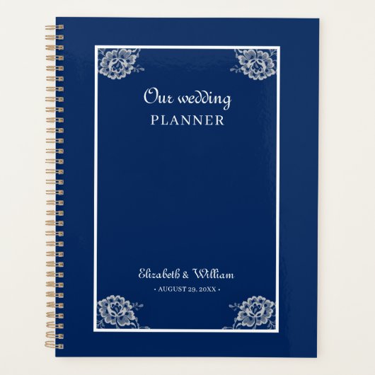 ネイビエレガントーブルーのフローラレース結婚 プランナー手帳 (正面)