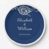 ネイビエレガントーブルーのフローラレース結婚 ペーパープレート (正面)