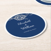 ネイビエレガントーブルーのフローラレース結婚 ラウンドペーパーコースター (アングル)