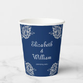 ネイビエレガントーブルーのフローラレース結婚 紙コップ (裏面)