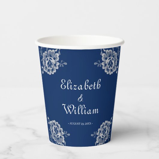 ネイビエレガントーブルーのフローラレース結婚 紙コップ (裏面)