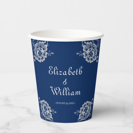 ネイビエレガントーブルーのフローラレース結婚 紙コップ (正面)