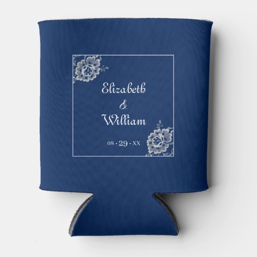 ネイビエレガントーブルーのフローラレース結婚 缶クーラー (正面)