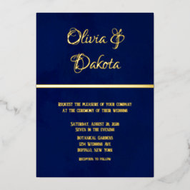 ネイビエレガントーブルーの水彩画と金ゴールド結婚ズ 箔招待状