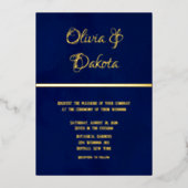 ネイビエレガントーブルーの水彩画と金ゴールド結婚ズ 箔招待状 (正面)