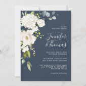 ネイビエレガントーブルーの白い結婚フローラ 招待状 (正面)