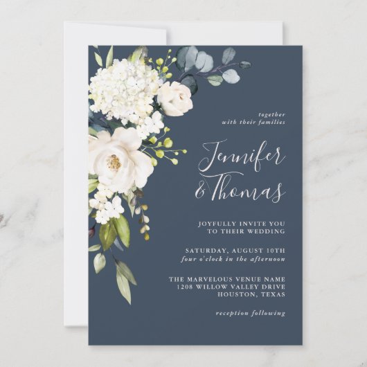 ネイビエレガントーブルーの白い結婚フローラ 招待状 (正面)