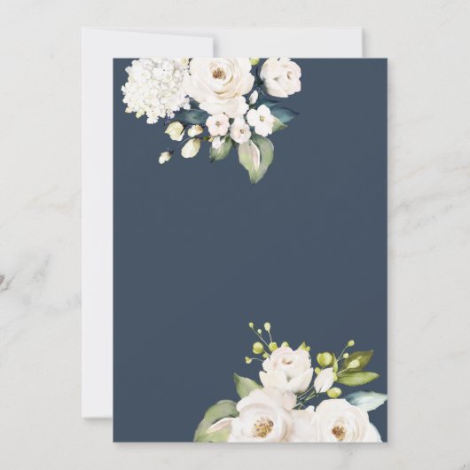 ネイビエレガントーブルーの白い結婚フローラ 招待状 (裏面)