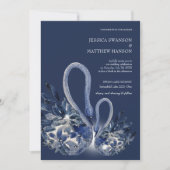 ネイビエレガントーブルーの美しい結婚白鳥 招待状 (正面)