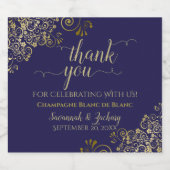 ネイビエレガントーブルーの金ゴールドフリル結婚ズ・サンキュー スパークリングワインラベル (シングルラベル)