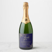 ネイビエレガントーブルーの金ゴールドフリル結婚ズ・サンキュー スパークリングワインラベル (正面)