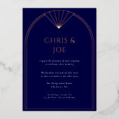 ネイビエレガントーブルーアールデコアー結婚チ 箔招待状 (正面)