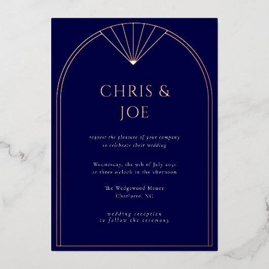 ネイビエレガントーブルーアールデコアー結婚チ 箔招待状 (正面)