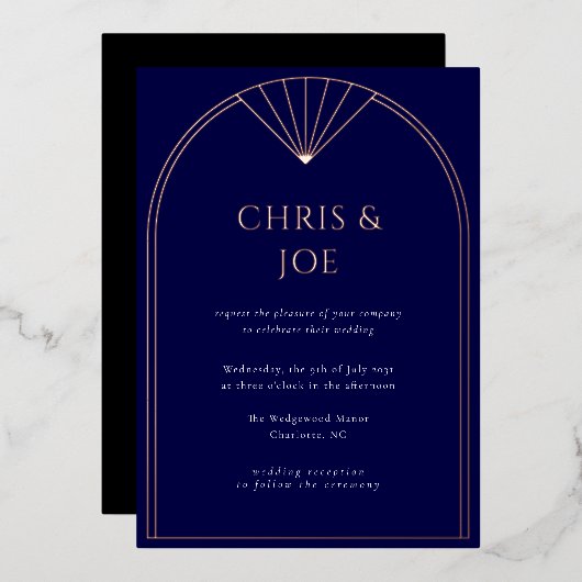 ネイビエレガントーブルーアールデコアー結婚チ 箔招待状 (正面/裏面)