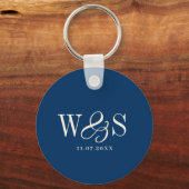ネイビエレガントーブルーイニシャルの結婚カップル キーホルダー (正面)