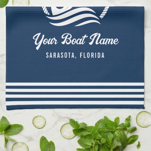 ネイビエレガントーブルーカスタムボートネームいかり キッチンタオル (折り畳み)