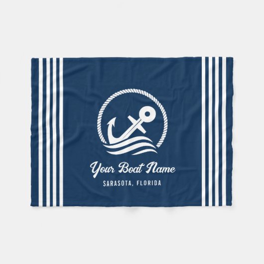 ネイビエレガントーブルーカスタムボートネームいかり フリースブランケット (正面(横))