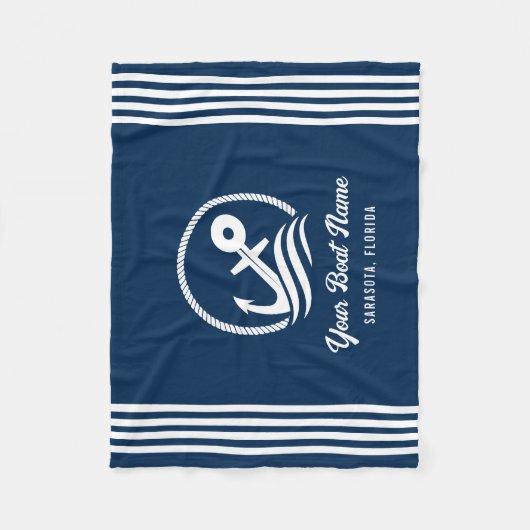 ネイビエレガントーブルーカスタムボートネームいかり フリースブランケット (正面)