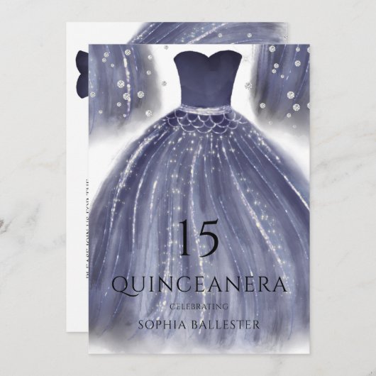 ネイビエレガントーブルーキンセアニェラドレスガウンパーティー 招待状 (正面/裏面)