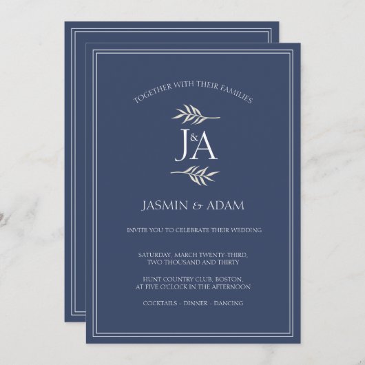 ネイビエレガントーブルークラシックイニシャル結婚ズ 招待状 (正面/裏面)
