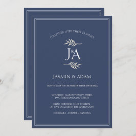 ネイビエレガントーブルークラシックイニシャル結婚ズ 招待状