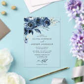 ネイビエレガントーブルーシルバーウォーターフローラ結婚ズ アクリル招待状 (インサイチュ (ウェディング))