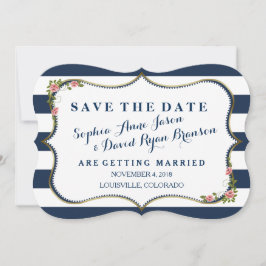 ネイビエレガントーブルーストライプの結婚式の日付を保存 セーブザデート