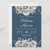 ネイビエレガントーブルーデイジーフローラジオメト結婚リ 招待状 (正面)