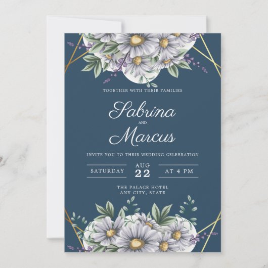 ネイビエレガントーブルーデイジーフローラジオメト結婚リ 招待状 (正面)