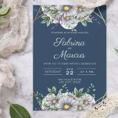 ネイビエレガントーブルーデイジーフローラジオメト結婚リ 招待状