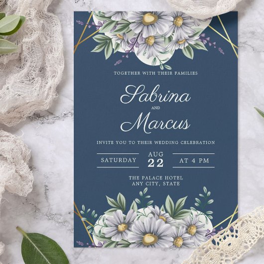 ネイビエレガントーブルーデイジーフローラジオメト結婚リ 招待状