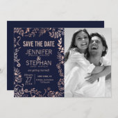 ネイビエレガントーブルーバラ金ゴールドフローラ保存日 セーブザデート (正面/裏面)