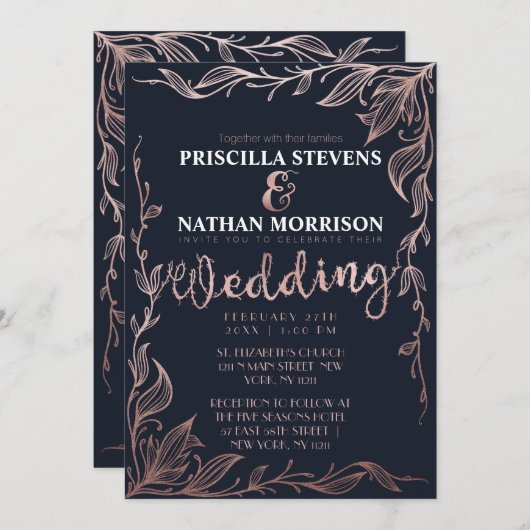 ネイビエレガントーブルーバラ金ゴールドフローラ結婚つる植物 招待状 (正面/裏面)