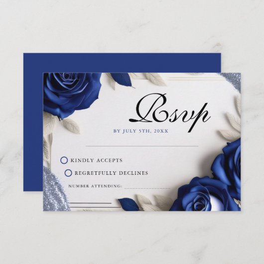 ネイビエレガントーブルーバラ&シルバーグリッターズ結婚 出欠カード (正面/裏面)