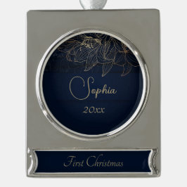 ネイビエレガントーブルーパーソナライズされた初めてのクリスマス シルバープレートバナーオーナメント