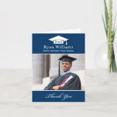 ネイビエレガントーブルーパーソナライズされた卒業写真 サンキューカード (正面)