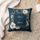 ネイビエレガントーブルーフローラと白い花 クッション (ブランケット)
