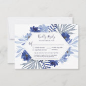 ネイビエレガントーブルーフローラのモダン結婚葉 出欠カード (正面)