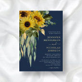 ネイビエレガントーブルーフローラひまわり結婚の金ゴールド 箔招待状